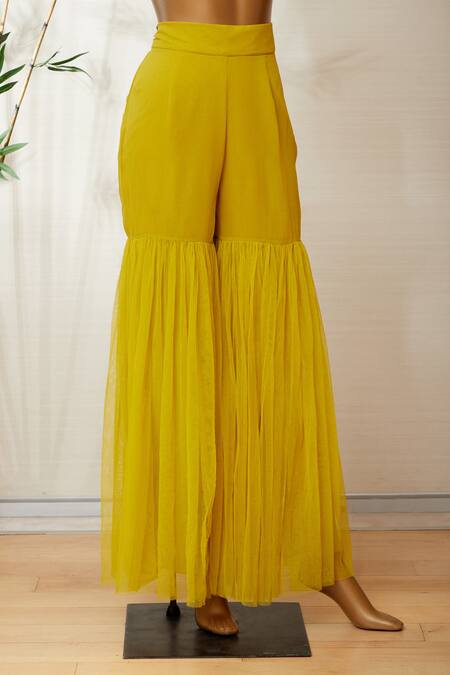Shop_Dinesh Malkani_Yellow V Neck Embroidered Kurta And Sharara Set  _Online_at_Aza_Fashions
