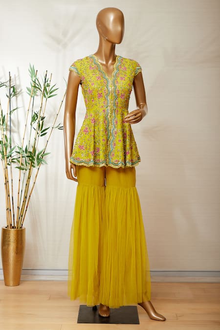 Dinesh Malkani Yellow V Neck Embroidered Kurta And Sharara Set 