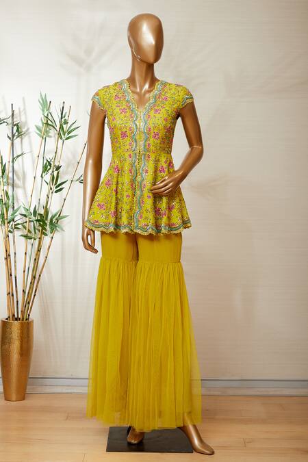 Dinesh Malkani_Yellow V Neck Embroidered Kurta And Sharara Set  _Online_at_Aza_Fashions