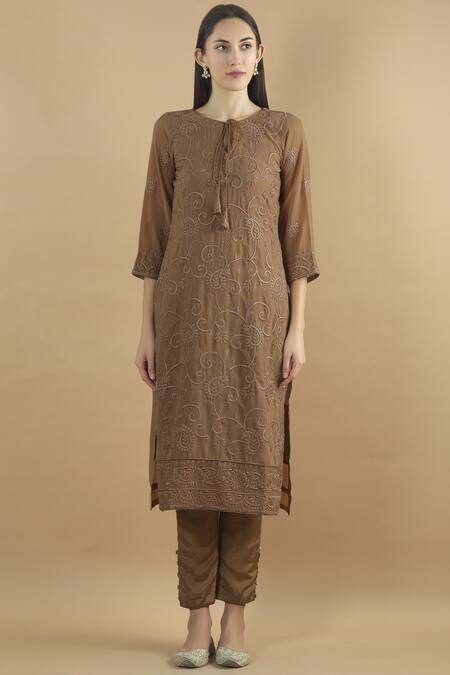 Buy_Naintara Bajaj_Brown Satin, Georgette, Voile Embroidery Round Neck Kurta Set With Dupatta_Online_at_Aza_Fashions