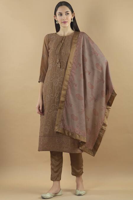 Naintara Bajaj_Brown Satin, Georgette, Voile Embroidery Round Neck Kurta Set With Dupatta_Online_at_Aza_Fashions