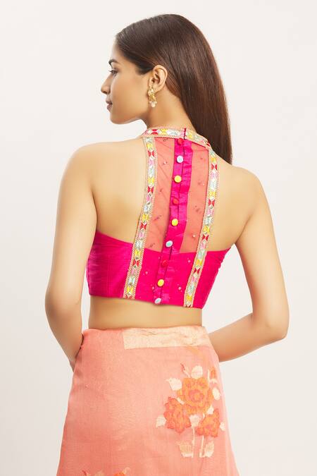 Shop Nazaakat By Samara Singh Pink Silk Halter Neck Blouse at Aza Fashions Shop_Nazaakat By Samara Singh_Pink Silk Halter Neck Blouse_at_Aza_Fashions