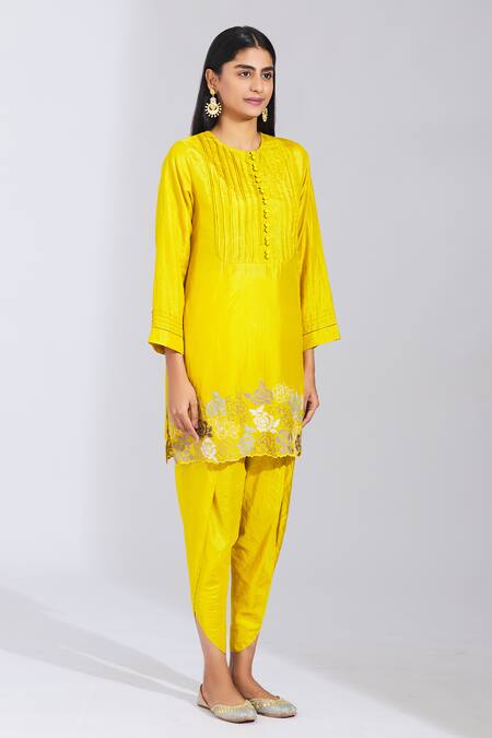 Buy_Half Full Curve_Yellow Silk Embroidered Kurta And Dhoti Pant Set_Online_at_Aza_Fashions