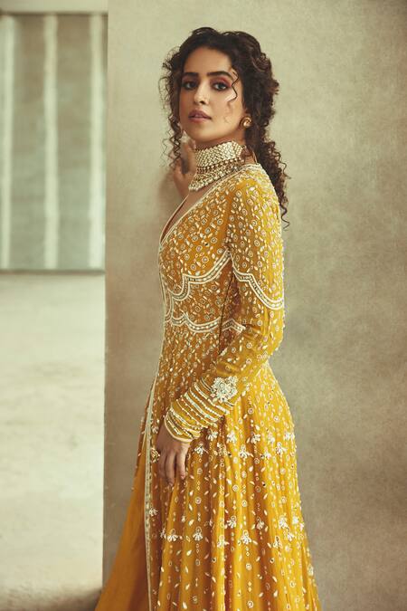 Ridhi Mehra_Yellow Net, Georgette Embroidered Anarkali With Dupatta _Online_at_Aza_Fashions