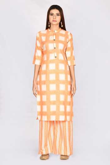 Buy_Naintara Bajaj_Orange Checkered Kurta And Palazzo Set_Online_at_Aza_Fashions