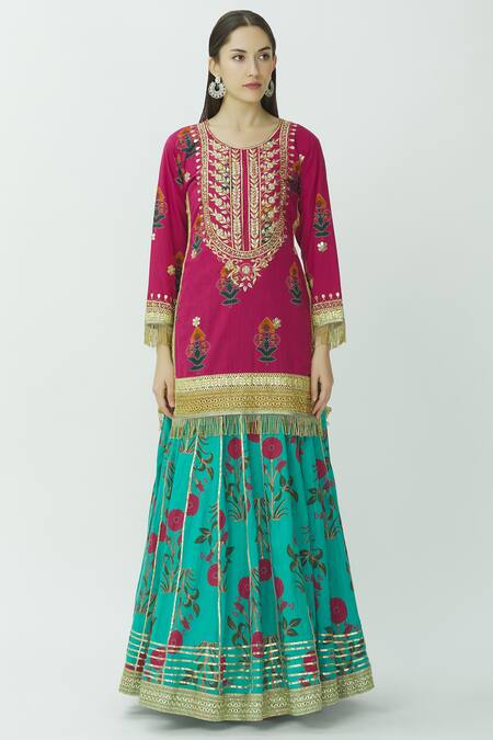 Buy_Kunwarani Ritu_Pink Muslin U Neck Printed Kurta Lehenga Set _Online_at_Aza_Fashions