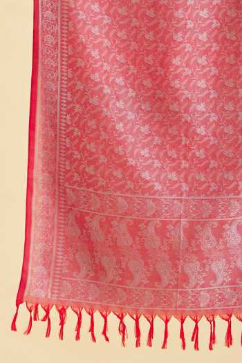 Naintara Bajaj_Red Floral Banarasi Silk Woven Stole_Online_at_Aza_Fashions