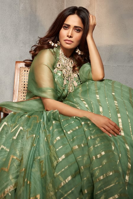 Tarun Tahiliani_Green Silk Organza Brocade Stripes Mirror Round Cascade Draped Lehenga Set_Online_at_Aza_Fashions