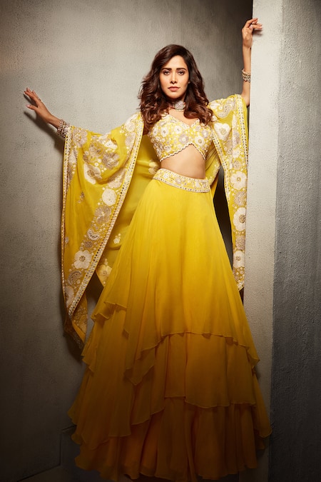 Mishru Yellow Embroidery Mirror V Neck Floral Cape Lehenga Set  