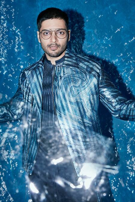 Amit Aggarwal_Blue Mesh Fabric Handwoven Marbled Bomber Jacket Set _at_Aza_Fashions