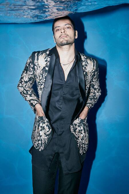Seema Gujral_Black Shirt Giza Cotton Embroidered Parsi Tuxedo And Pant Set _Online_at_Aza_Fashions