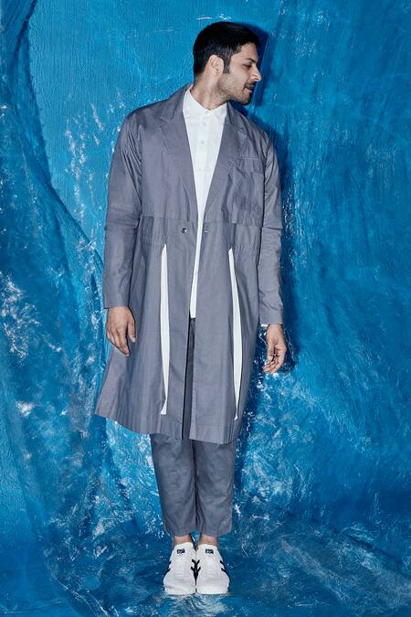 Three_Grey Poplin Plain Double Layered Jacket And Pant Set _Online_at_Aza_Fashions