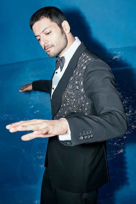 Shop_Rohit Gandhi + Rahul Khanna_Black Embellished Geometric Motifs Tuxedo And Trouser Set _at_Aza_Fashions