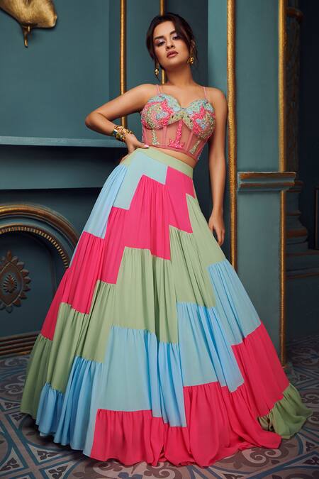 Buy_Kaaisha by Shalini_Multi Color Organza Embroidered Cutdana Work Sweetheart Colourblock Lehenga Set _Online_at_Aza_Fashions