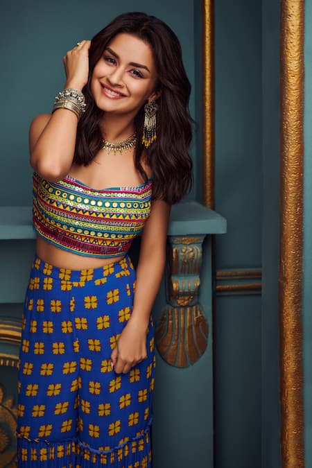 Buy_Diyarajvvir_Blue Georgette, Cotton Silk Floral Square Neck Cape And Printed Gharara Set _Online_at_Aza_Fashions