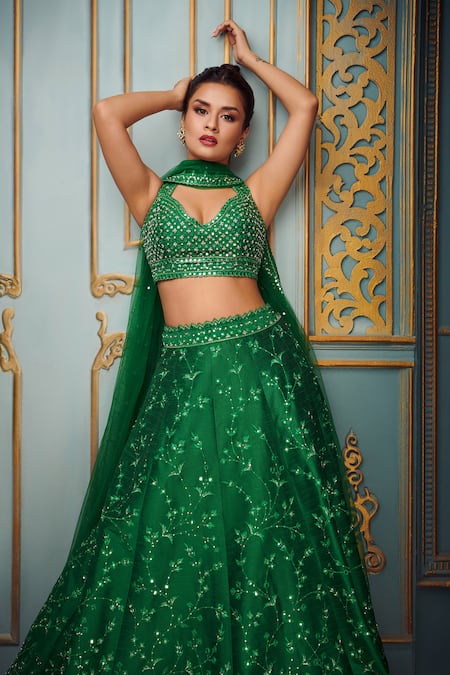 Aariyana Couture Green Lehenga And Blouse Dupion Embroidered Floral Bridal Set 