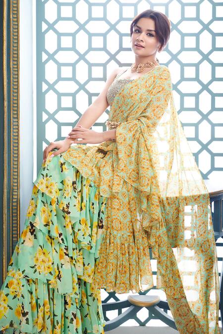 Prints By Radhika_Blue Georgette Lining Shantoon Print And Pre-draped Saree With Blouse _Online_at_Aza_Fashions