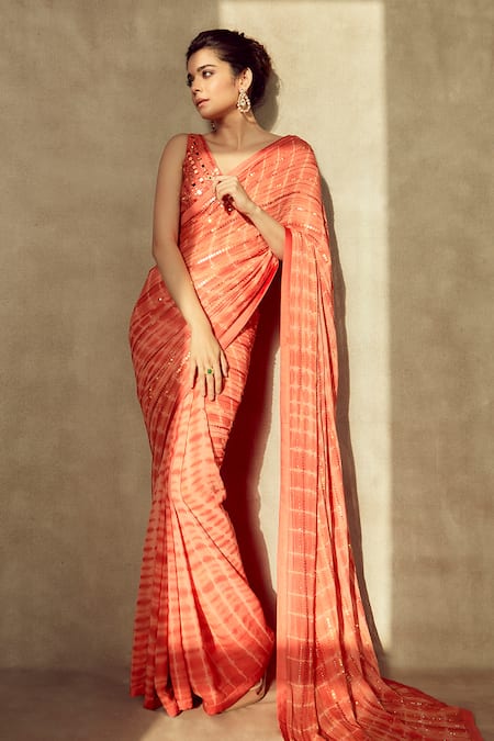 Yoshita Couture Orange Tie Dye V Neck Saree With Blouse