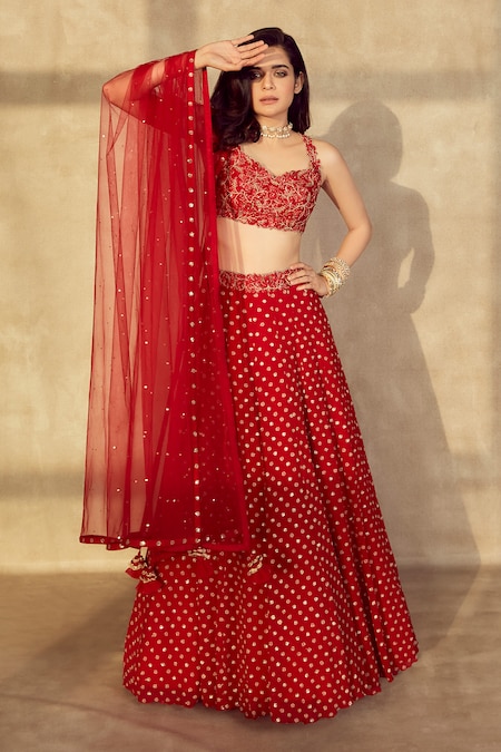 Aariyana Couture Red Lehenga Chiffon Embroidered Floral V Neck Set 