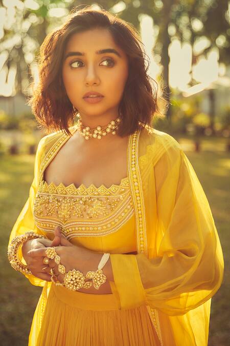 Shop_Ridhi Mehra_Yellow Chanderi, Blouse Net, Cape Organza, Lehenga Chiffon Floral And Set _Online_at_Aza_Fashions