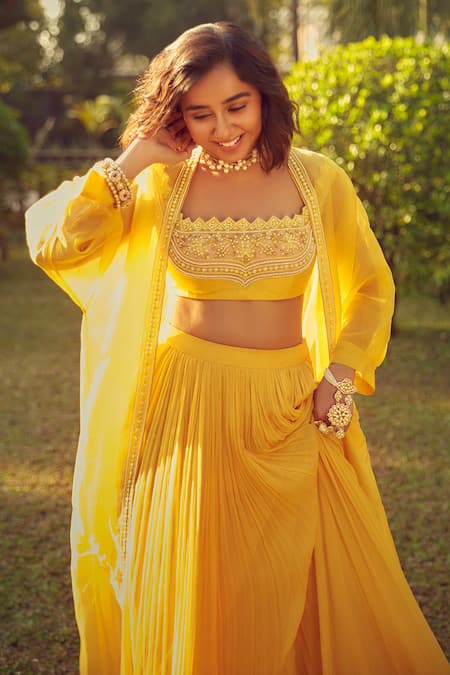 Ridhi Mehra Yellow Blouse Net Embroidered Floral Organza And Chiffon Lehenga Set For Women