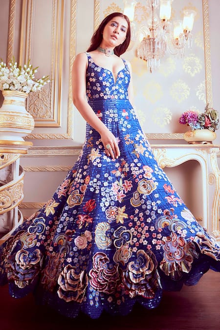 Rahul Mishra Blue Silk Organza Lining Viscose Embroidery Leaf Neck Gown 