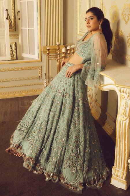 Tarun Tahiliani Green Tulle Draped Blouse And Lehenga Set