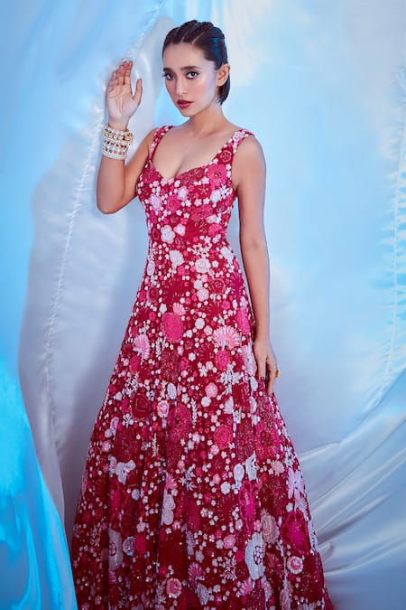 Mishru Pink Tulle Embroidery Sweetheart Neck Gown 