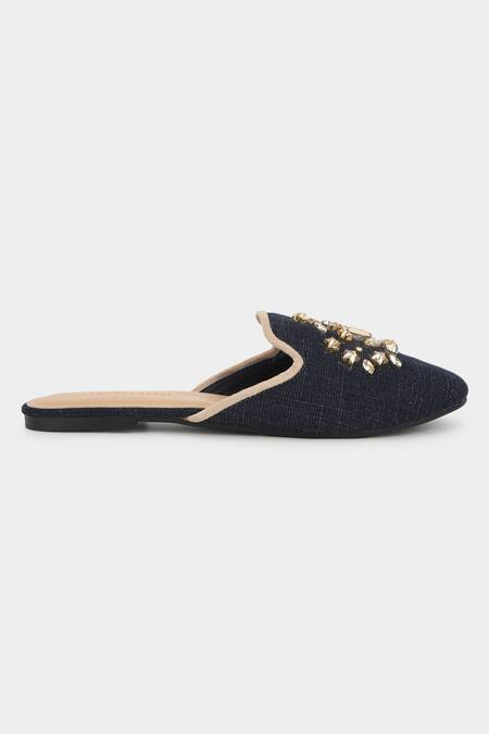 Aanchal Sayal_Blue Embellished Denim Mules_Online_at_Aza_Fashions