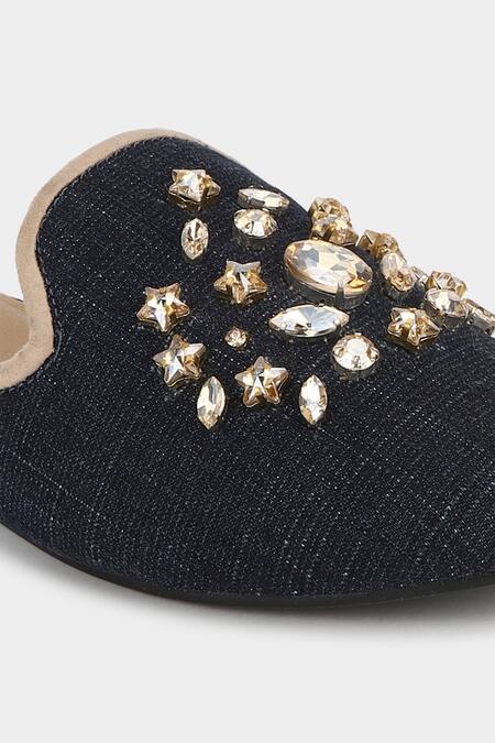 Shop_Aanchal Sayal_Blue Embellished Denim Mules_Online_at_Aza_Fashions