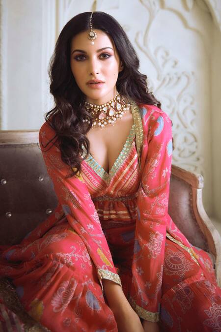 Shop Gopi Vaid Pink V Neck Floral Print Jacket And Sharara Set Online at Aza Fashions Shop_Gopi Vaid_Pink V Neck Floral Print Jacket And Sharara Set_Online_at_Aza_Fashions