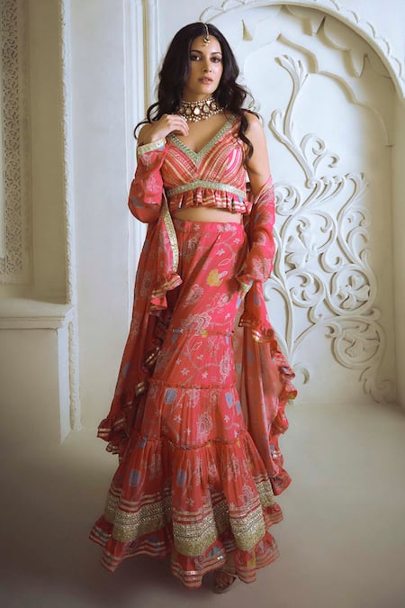 Gopi Vaid Pink V Neck Floral Print Jacket And Sharara Set 