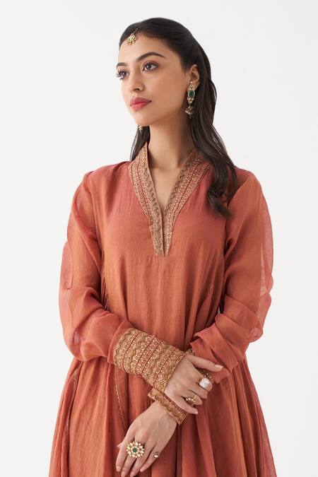 Shop_Rhua_Peach Churidar And Lining Cotton Silk, Dupatta Azaira Embroidered Anarkali Set_Online_at_Aza_Fashions