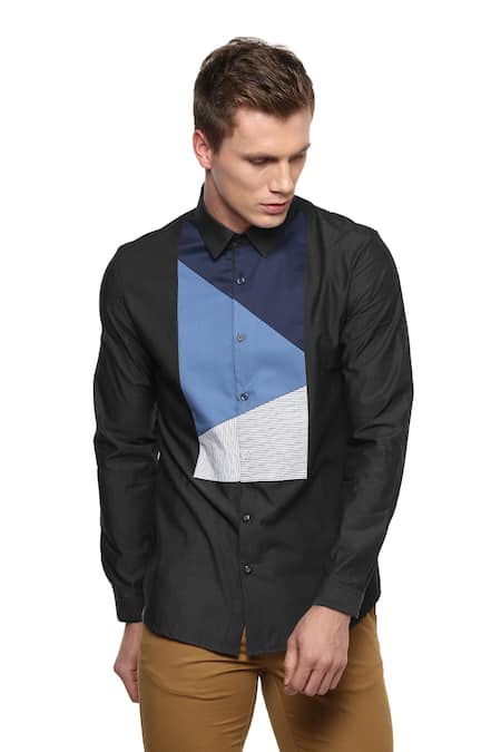 Lacquer Embassy Black 100% Premium Cotton Colorblock Shirt  