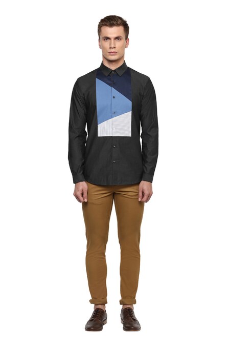 Lacquer Embassy - Black 100% Premium Cotton Colorblock Shirt For Men