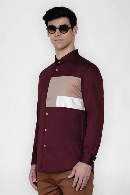 Shop_Lacquer Embassy_Maroon Cotton Satin Colorblock Casual Shirt  _Online_at_Aza_Fashions