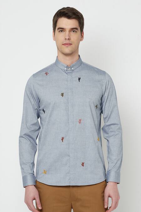 Buy Lacquer Embassy Blue Cotton Chambray Cactus Motifs Taurifo Shirt Online at Aza Fashions Buy_Lacquer Embassy_Blue Cotton Chambray Cactus Motifs Taurifo Shirt _Online_at_Aza_Fashions