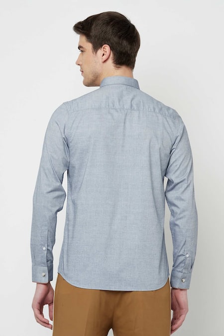 Shop Lacquer Embassy Blue Cotton Chambray Cactus Motifs Taurifo Shirt at Aza Fashions Shop_Lacquer Embassy_Blue Cotton Chambray Cactus Motifs Taurifo Shirt _at_Aza_Fashions