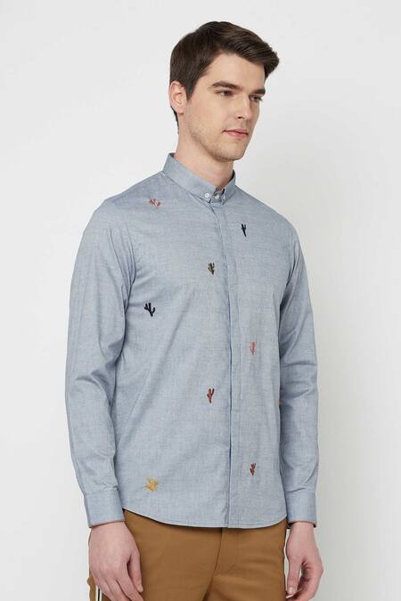 Lacquer Embassy Blue Cotton Chambray Cactus Motifs Taurifo Shirt Online at Aza Fashions Lacquer Embassy_Blue Cotton Chambray Cactus Motifs Taurifo Shirt _Online_at_Aza_Fashions