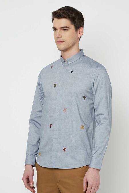 Shop Lacquer Embassy Blue Cotton Chambray Cactus Motifs Taurifo Shirt Online at Aza Fashions Shop_Lacquer Embassy_Blue Cotton Chambray Cactus Motifs Taurifo Shirt _Online_at_Aza_Fashions
