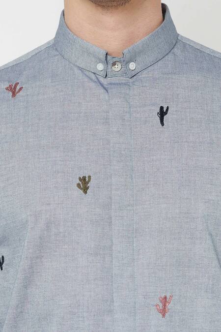 Lacquer Embassy Blue Cotton Chambray Cactus Motifs Taurifo Shirt at Aza Fashions Lacquer Embassy_Blue Cotton Chambray Cactus Motifs Taurifo Shirt _at_Aza_Fashions