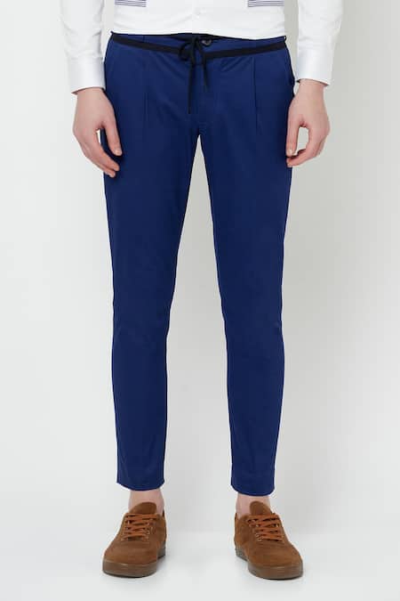 Shop Lacquer Embassy Blue Cotton Twill Jural Trouser at Aza Fashions Shop_Lacquer Embassy_Blue Cotton Twill Jural Trouser _at_Aza_Fashions