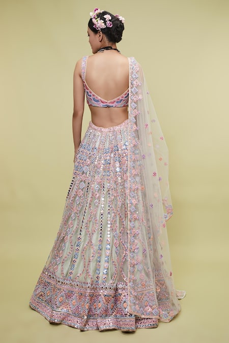 Shop Tamanna Punjabi Kapoor Green Net V Neck Mirror Embellished Bridal Lehenga Set at Aza Fashions Shop_Tamanna Punjabi Kapoor_Green Net V Neck Mirror Embellished Bridal Lehenga Set _at_Aza_Fashions