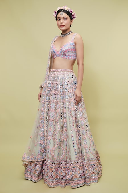 Tamanna Punjabi Kapoor Green Net V Neck Mirror Embellished Bridal Lehenga Set Online at Aza Fashions Tamanna Punjabi Kapoor_Green Net V Neck Mirror Embellished Bridal Lehenga Set _Online_at_Aza_Fashions