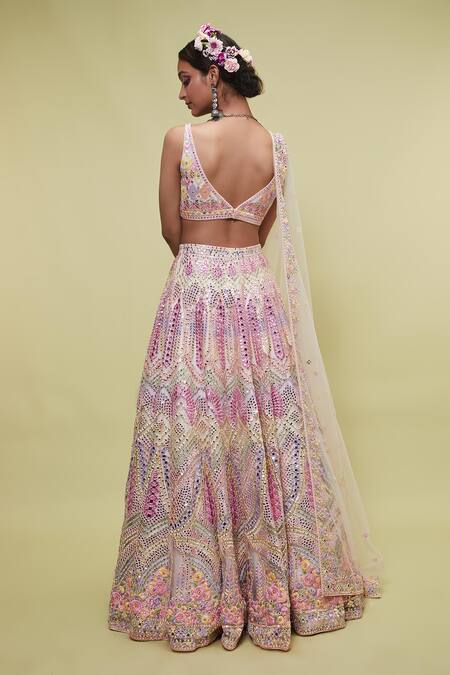 Shop Tamanna Punjabi Kapoor Peach Net V Neck Mirror Embellished Bridal Lehenga Set at Aza Fashions Shop_Tamanna Punjabi Kapoor_Peach Net V Neck Mirror Embellished Bridal Lehenga Set _at_Aza_Fashions