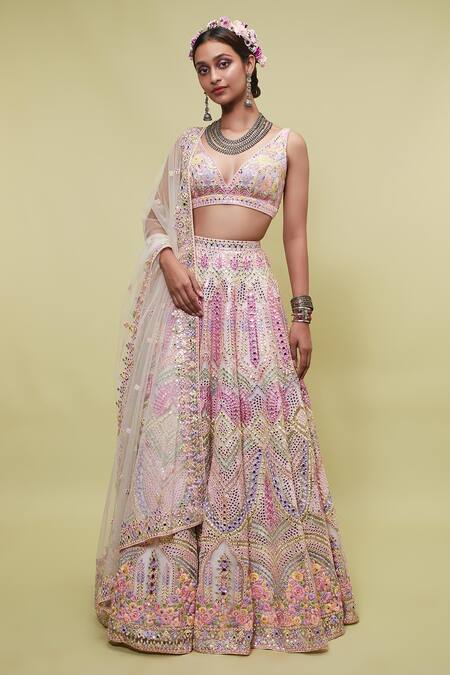 Tamanna Punjabi Kapoor Peach Net V Neck Mirror Embellished Bridal Lehenga Set Online at Aza Fashions Tamanna Punjabi Kapoor_Peach Net V Neck Mirror Embellished Bridal Lehenga Set _Online_at_Aza_Fashions