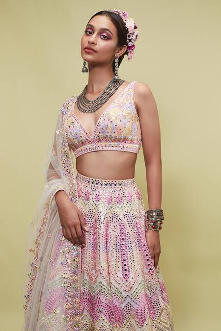 Shop Tamanna Punjabi Kapoor Peach Net V Neck Mirror Embellished Bridal Lehenga Set Online at Aza Fashions Shop_Tamanna Punjabi Kapoor_Peach Net V Neck Mirror Embellished Bridal Lehenga Set _Online_at_Aza_Fashions
