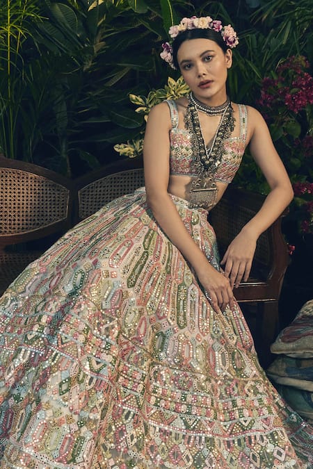 Tamanna Punjabi Kapoor Blue Net V Neck Mirror Embellished Bridal Lehenga Set 