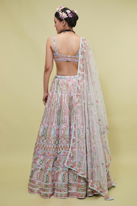 Shop Tamanna Punjabi Kapoor Blue Net V Neck Mirror Embellished Bridal Lehenga Set at Aza Fashions Shop_Tamanna Punjabi Kapoor_Blue Net V Neck Mirror Embellished Bridal Lehenga Set _at_Aza_Fashions