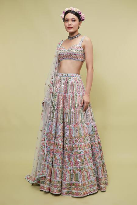 Tamanna Punjabi Kapoor Blue Net V Neck Mirror Embellished Bridal Lehenga Set Online at Aza Fashions Tamanna Punjabi Kapoor_Blue Net V Neck Mirror Embellished Bridal Lehenga Set _Online_at_Aza_Fashions